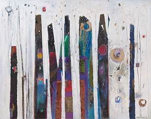 An abstract painting with vertical pole-like shapes in browns, purples, blues, and greens.