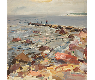 Small figures on a rocky outcrop surrounded by choppy waves.