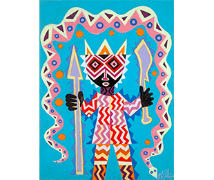 A figure holding a spear and a machete outlined by a snake, formed from geometric shapes.