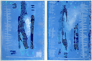 Two rectangular abstract works with hashmarks in blue.
