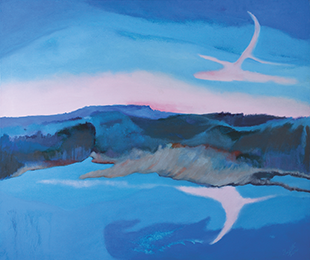 A landscape of a body of water against a hilly background, in shades of blue.