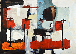 An abstract painting with red, black, and blue shapes.