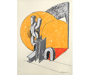 A broken link of chain, a steel girder, sheets of metal, and a horseshoe arch in gray in front of two yellow circles.