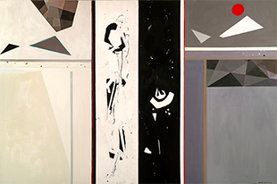 Geometric shapes in muted tones of gray, brown, and cream on either side of strips of black and white.