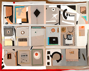 A painting with images in rectangles in a grid in shades of gray, tan, black, and white.