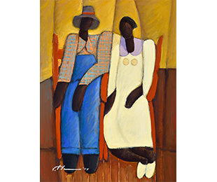 Two black figures, one in overalls and a hat and the other in a long dress.