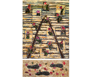 A painting with horizontal rows dotted with flowers and one with footsteps with flowers.