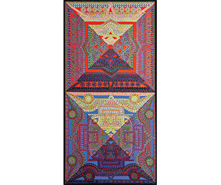 Geometric shapes in concentric designs form two tile-like shapes in red, purple, gold and blue.