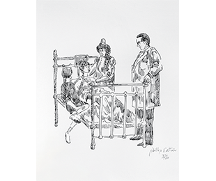 A sketch of a child in an old-fashioned hospital bed, with another child, a nurse, and a doctor around him.
