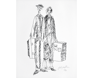 A sketch of a man and a woman, each carrying a suitcase.