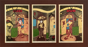 Three images of women walking through doorways and standing in an archway.