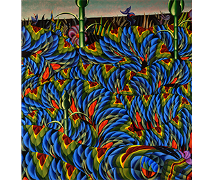 A snake with bright blue, red, green, and yellow scales.