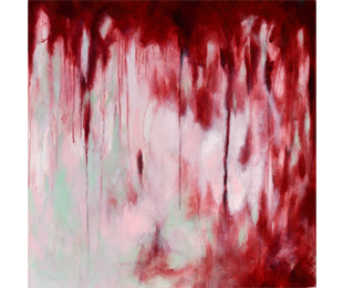 An abstract painting with dripping reds surrounding cloudy pink and green.
