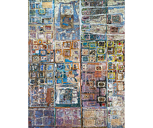 A multicolored abstract work with multiple grids.