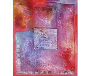 An abstract work in reds and blues with squares and a rectangle.