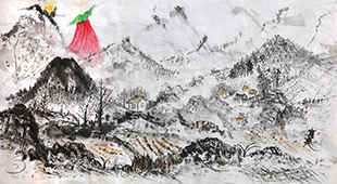 A hilly landscape in black and gray with gold-roofed houses and a green and red Korean dress in the mountainous background.