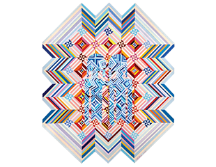 An abstract work in multicolored zigzags and geometric shapes with two blue figures in the center.