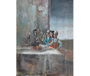 A group of figures at an outside table in front of an exposed brick building near a field.