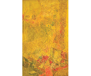 An abstract painting of geometric shapes in golds and yellows with muted reds and greens.