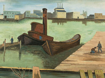 A painting depicting boats and people on a dock.