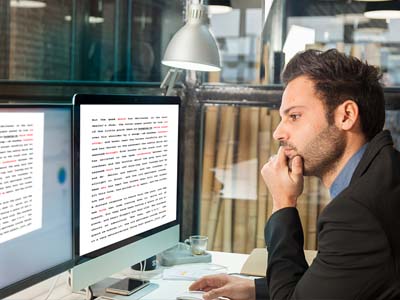 A person sitting at a desk looking intently at a computer monitor with text on it.