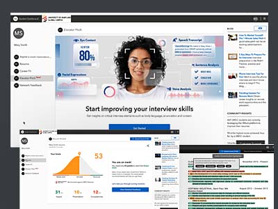 A screen capture of UMGC’s student dashboard within CareerQuest. In the center, a person in glasses looks forward above a headline that reads “Start improving your interview skills.” Beneath the headline is body copy that reads “Get insights on critical interview elements such as body language, enunciation and content.” Below that is a Get Started button, down arrow, and “How it works.” On the top left is the user’s login information: “Mary Smith” as well as a list: Aspire (LinkedIn Optimization), Resume, Career Fit, Elevator Pitch - New!, and Network Feedback. In the right column is a “Blog” heading with the following text beneath it:    How To Market Yourself-The 1 Minute Sales Pitch: A good sales pitch can be an exciting advertisement for...   5 Key Ways To Prepare for An Interview: Interview preparation is like Math! Practice, practice and more...   Phone Interview Tips For You! Want to ace the phone interview and don’t know where to begin? This blog...   Trending Careers For Remote Work: Obtain career insights on remote work opportunities and the prevalent...   Below that is another heading named “Community Insights,” under which is the following information:   469 UMGC students are currently leveraging the VMock platform to improve their resumes   90 is the highest score avhived thus far, by a UMGC student   On the bottom right is a “Customer Support” button. 