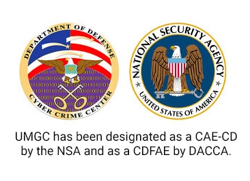 Cyber Crime Center and National Security Agency logos with text that reads, "UMGC has been designated as a CAE-CD by the NSA and as a CDFAE by DACCA."