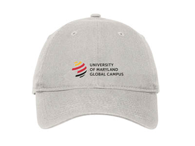 A white baseball cap with the UMGC logo on the front.