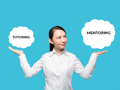 A person standing with their hands out and a graphic sitting above each hand, with one that reads "tutoring" and one that reads "mentoring."