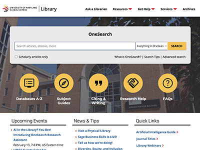 A screenshot of the UMGC Library's homepage.