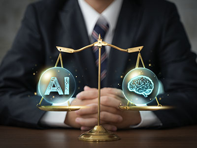 A scale with one "AI" on one side and an image of the human brain on the other side.