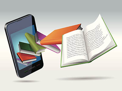 An abstract image of books flying out of a cell phone.