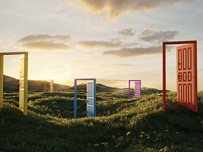 Abstract image of open doors in a sunlit field.