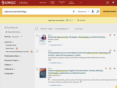 Screenshot of search results on the UMGC Library website.