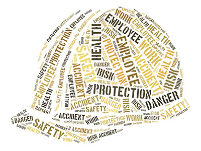 An illustration of a hardhat with various words on the hat including, "Health, Protection, Danger, Employee, and Safety."
