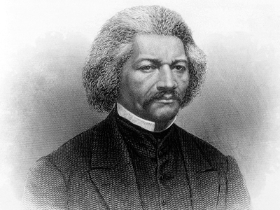 A detailed black and white drawing of Frederick Douglass.