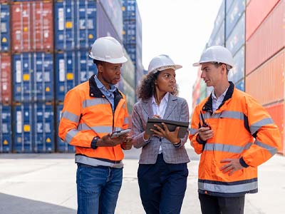 Three people in hardhats standing in a large industrial area.