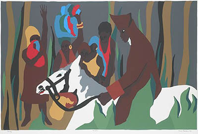 Artwork depicting several people and one person on a horse.