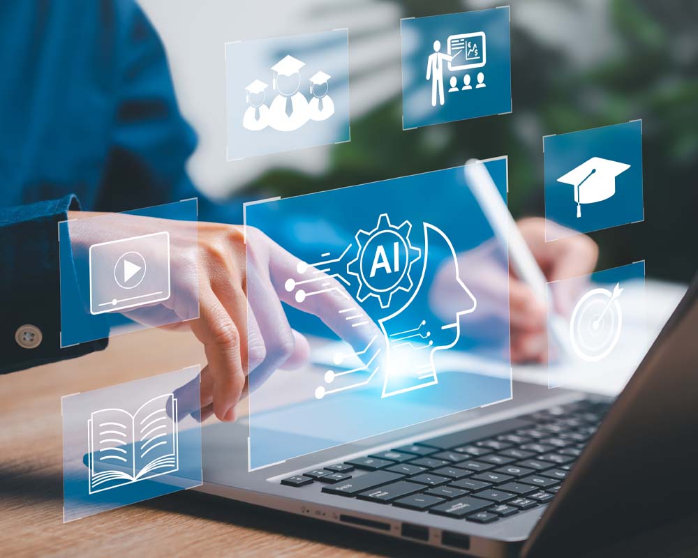 A person using a laptop with abstract images related to AI coursework floating above.