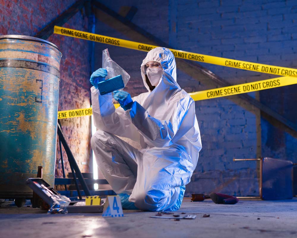A person in hazmat gear collecting an object from a crime scene.
