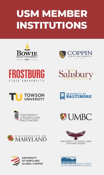 Graphic titled "USM Member Institutions" that includes the logos of Bowie State University, Coppin State University, Frostburg State University, Salisbury University, Towson University, University of Baltimore, University of Maryland Baltimore, UMBC, University of Maryland, University of Maryland Eastern Shore, University of Maryland Global Campus, and University of Maryland Center for Environmental Science.