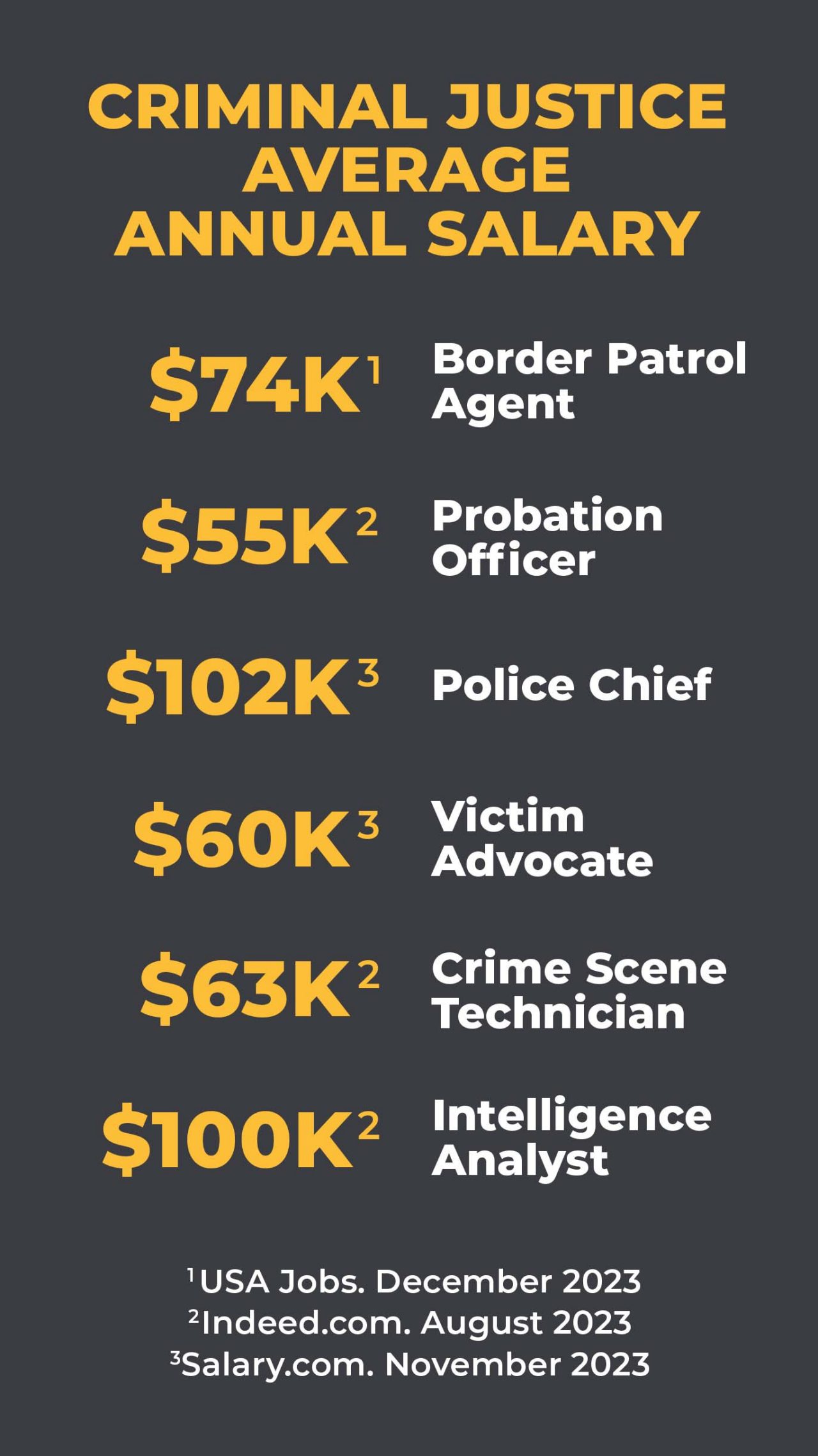 Text that reads, "Criminal Justice Average Annual Salary; $74K Border Patrol Agent; $55K Probation Officer; $102K Police Chief; $60K Victim Advocate; $63K Crime Scene Technician; $100K Intelligence Analyst."
