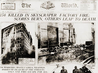 An old newspaper front page with the headline, "154 Killed in Skyscraper Factory Fire; Scores Burn, Others Leap to Death."