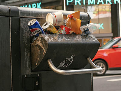 An overflowing trash can on a city street.