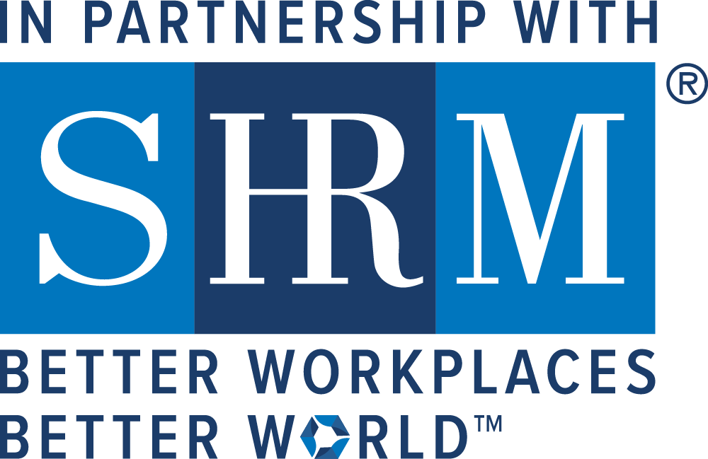 SHRM logo with slogan: In partnership with SHRM: Better Workplaces, Better World, 2023