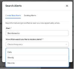 Choose frequency of how often to receive alerts from drop-down menu showing Daily, Weekly, or Monthly options