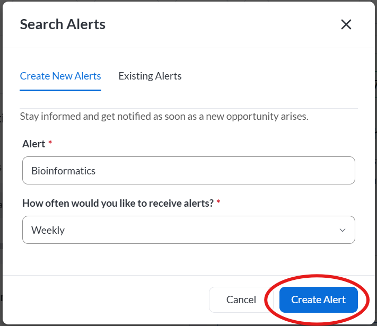 Red circle around "Create Alert" button in bottom right area of image