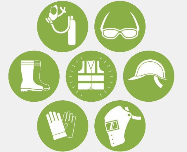 A collage of icons related to construction, including welding,  high-vis jackets, hardhats and more.