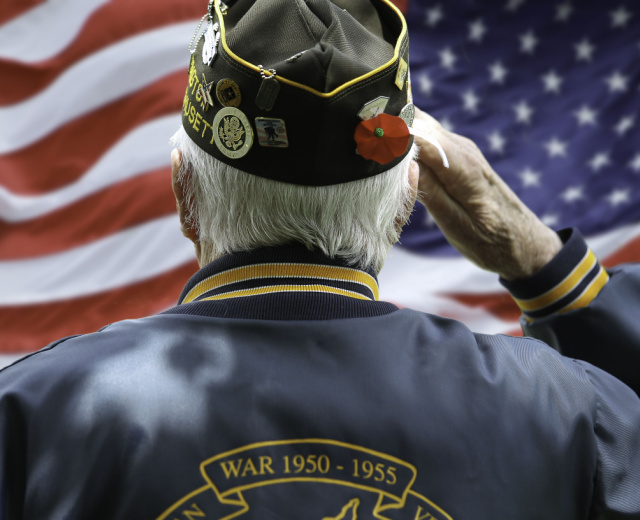 An image of the back of a veteran saluting an American Flag.