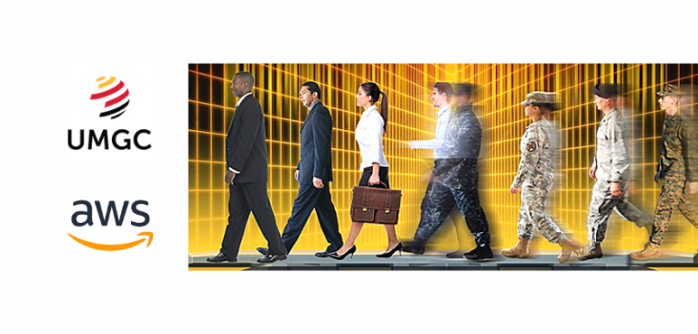 Banner Art with military servicemembers transitioning to businesspeople with the UMGC and Amazon Web Services Logos